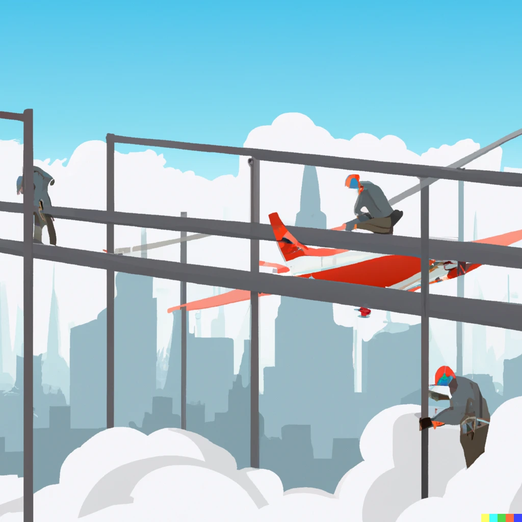 Prompt: The frame of an airplane with construction workers 
flying over clouds with a city way in the background