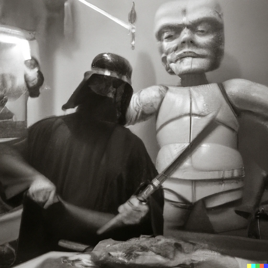 Prompt: Darth Vader cuts doner with his lightsaber, doner restaurant, Berlin, 1995, wet plate photography