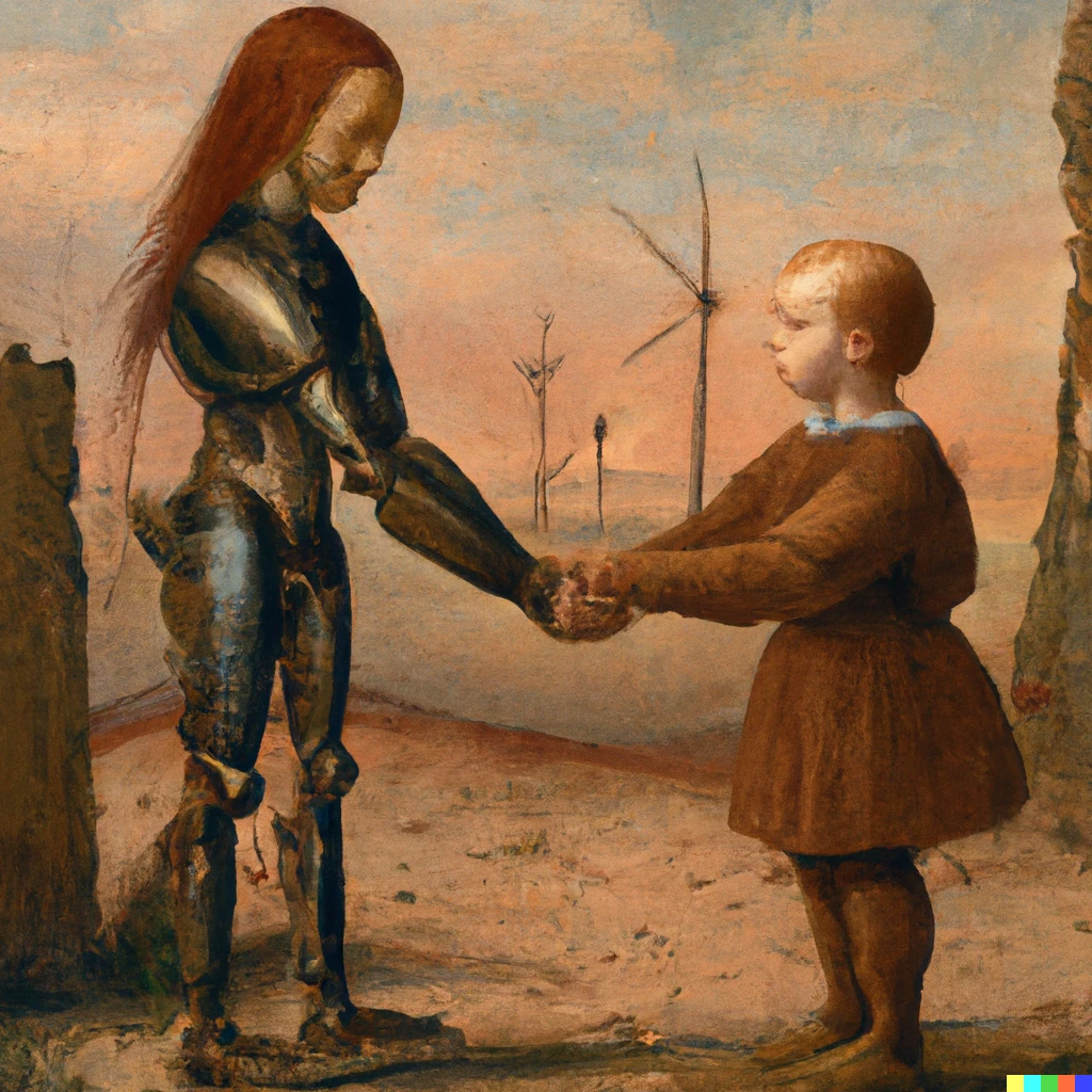 Prompt: An oil painting by Leonardo Da Vinci of a child and an android shaking hands on a former battlefield