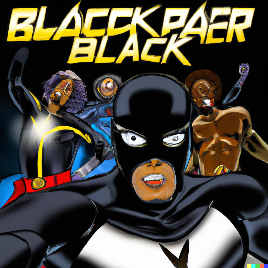 Prompt: A comic book cover of a black superheros in a rock band
