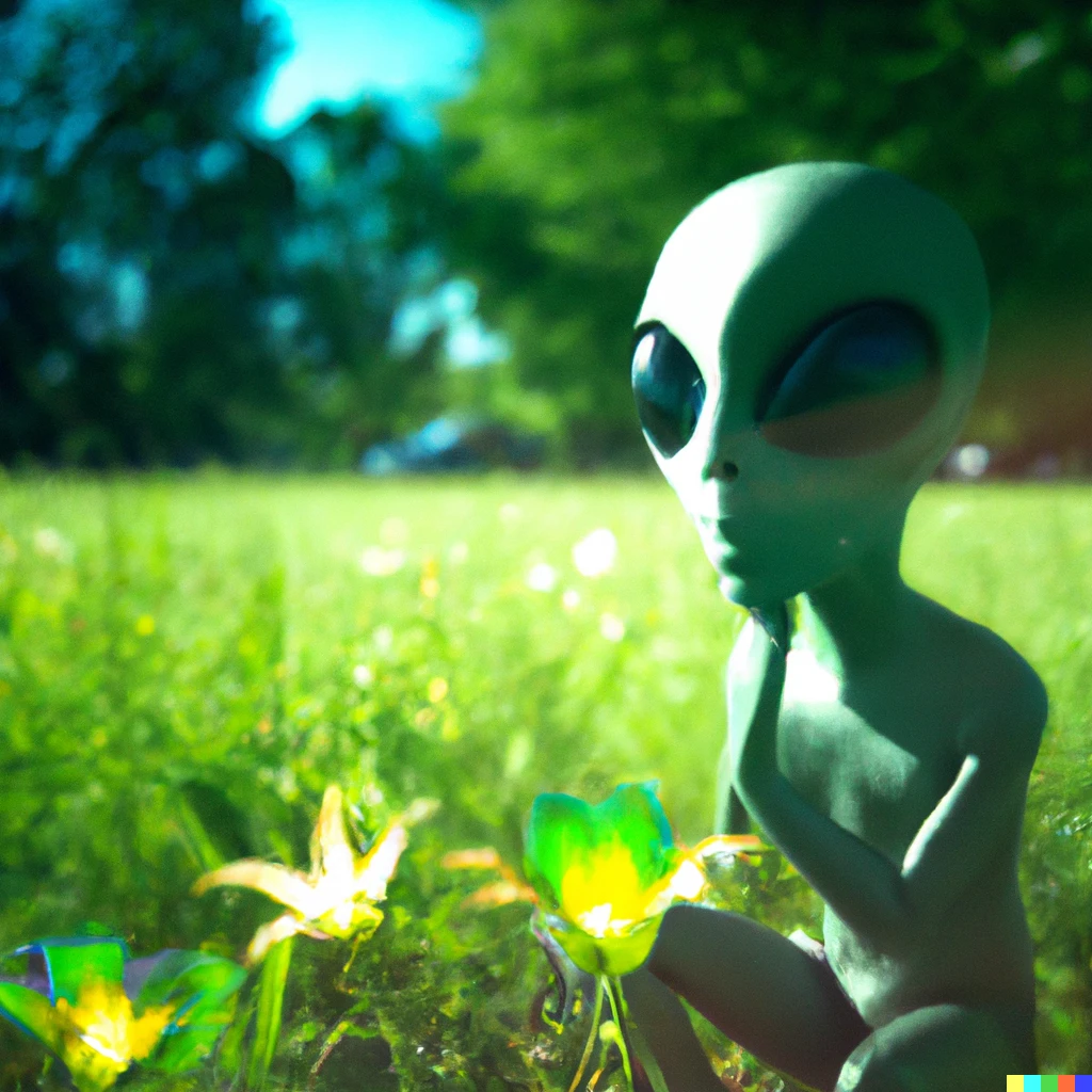 Prompt: A realistic photo of an alien in a field looking for the first time a flower
