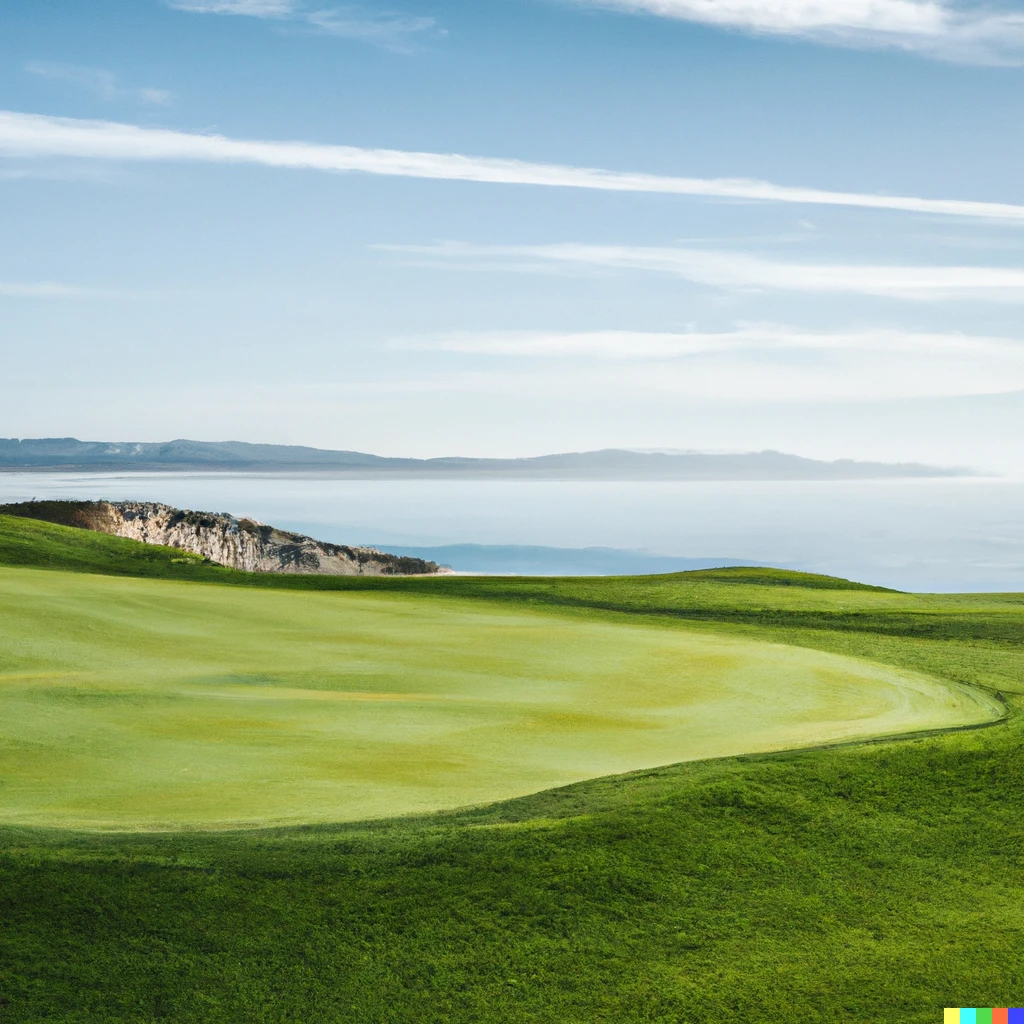 Prompt: Realistic picture of a golf course near the ocean.