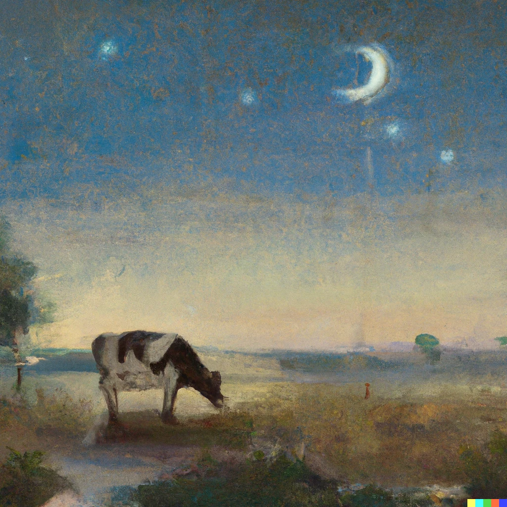 Prompt: A painting by constable of a cow in a field on a starry night with the moon shining in the background