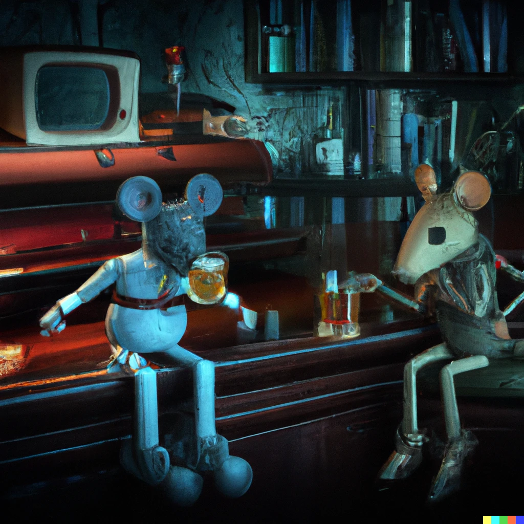 Prompt: A cyborg mouse drinking whiskey with an old friend remembering old memories at a nice vintage bar