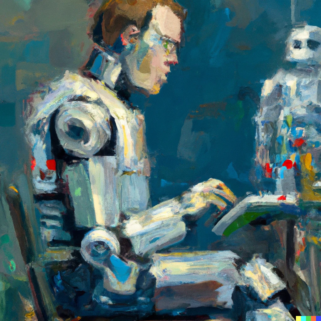 Prompt: An impressionist oil painting of a programmer being replaced by a robot, digital art