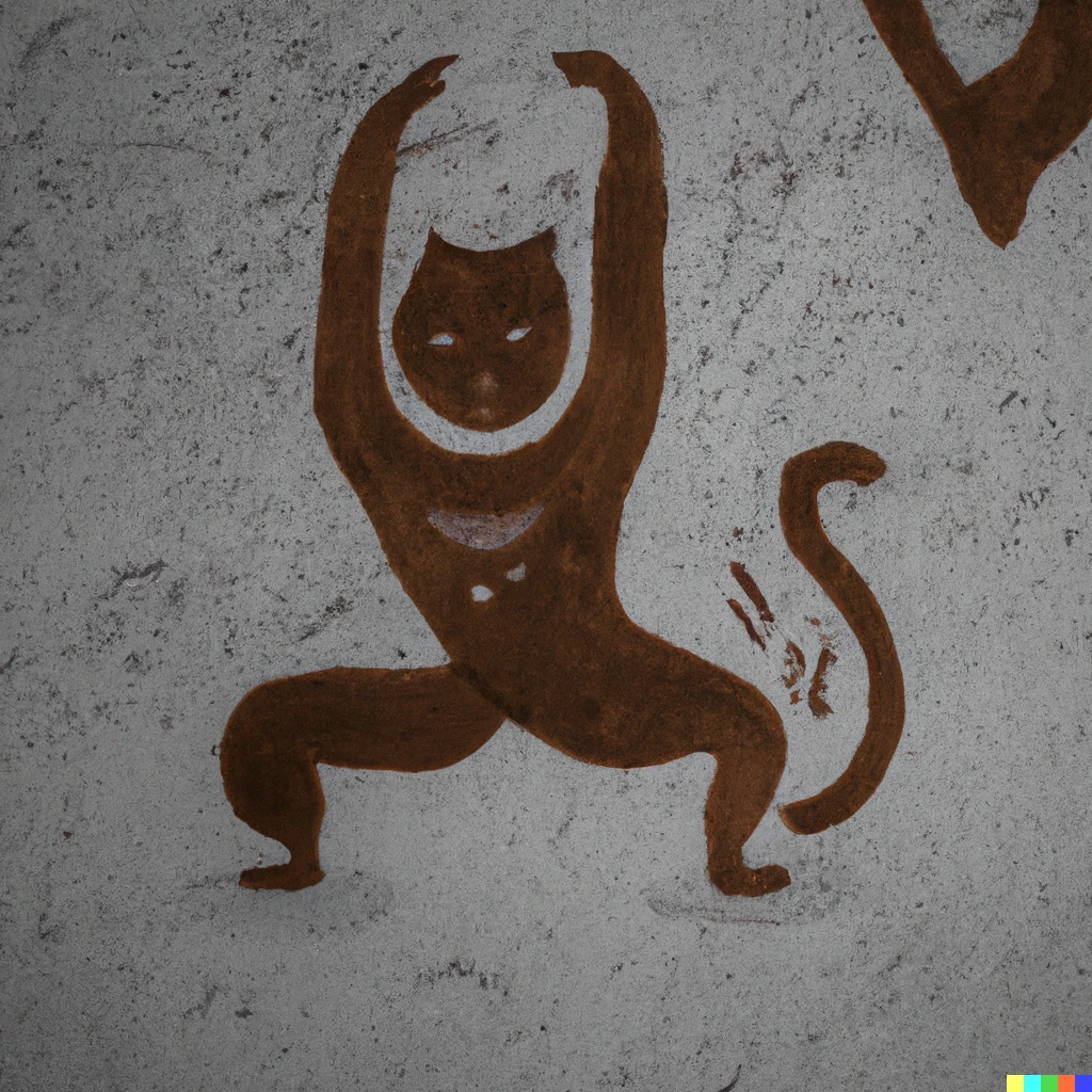 Prompt: Cave painting of a cat doing yoga