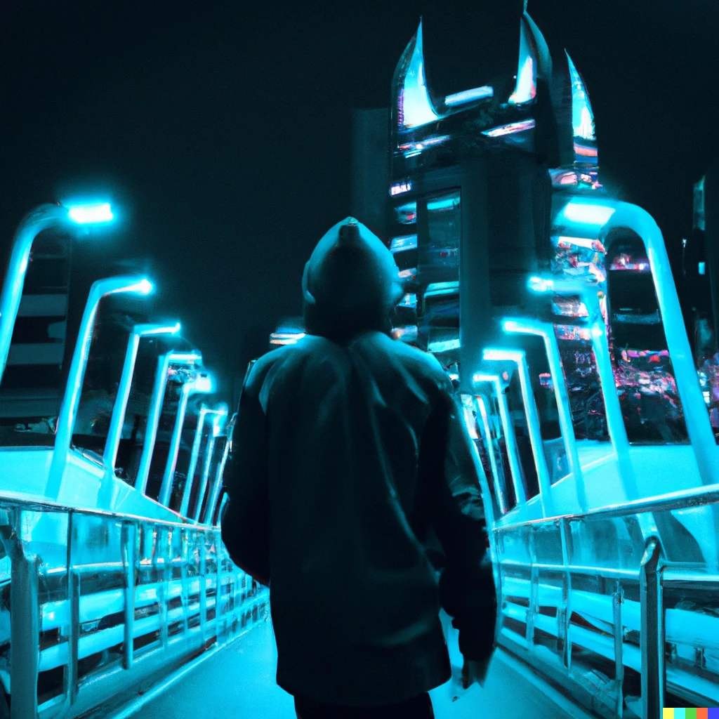 Prompt: A photo of a person wearing jacket walking in the middle of cyberpunk city