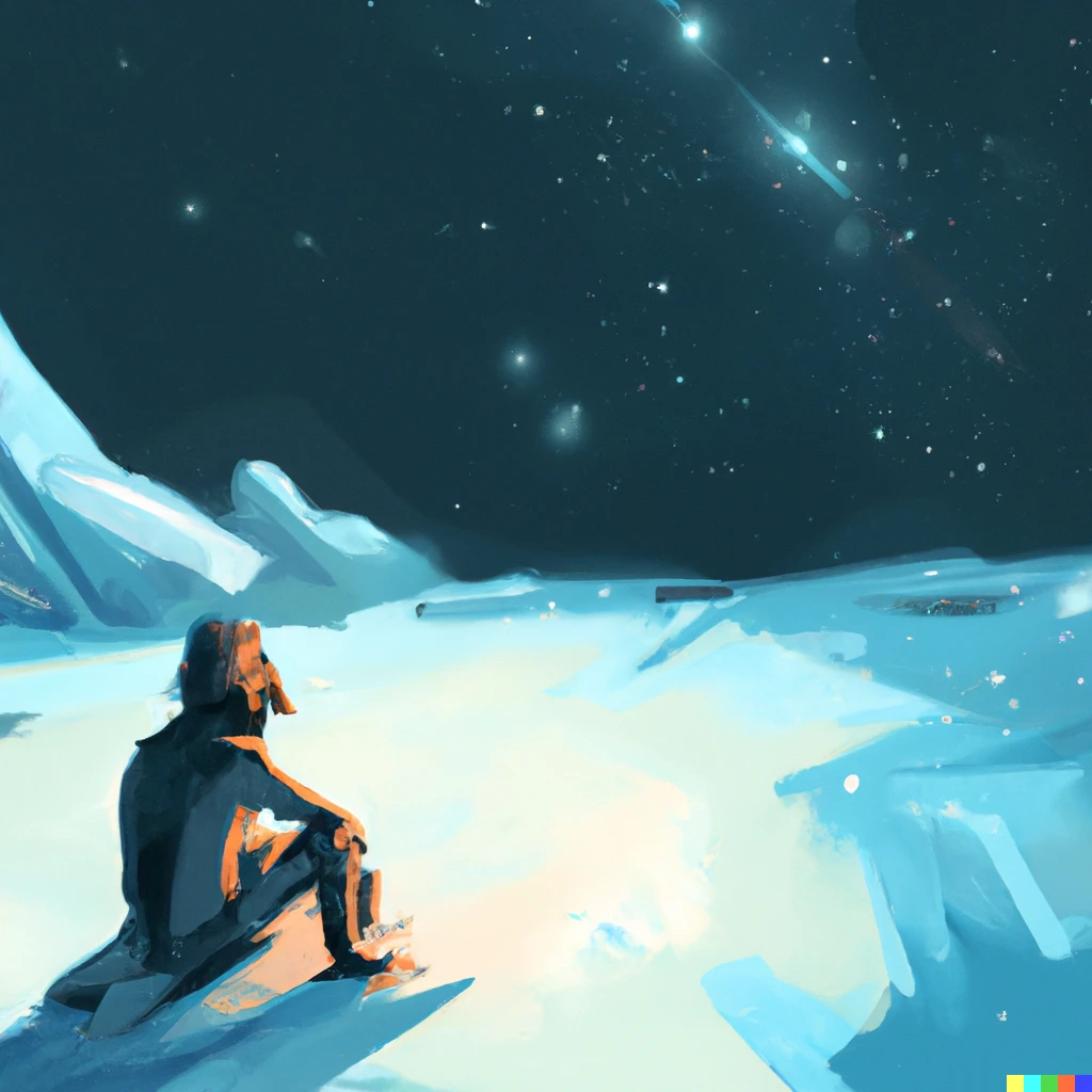 Prompt: A Neanderthal sitting on a glacier looking up at the stars, digital art with bright  and clean colors