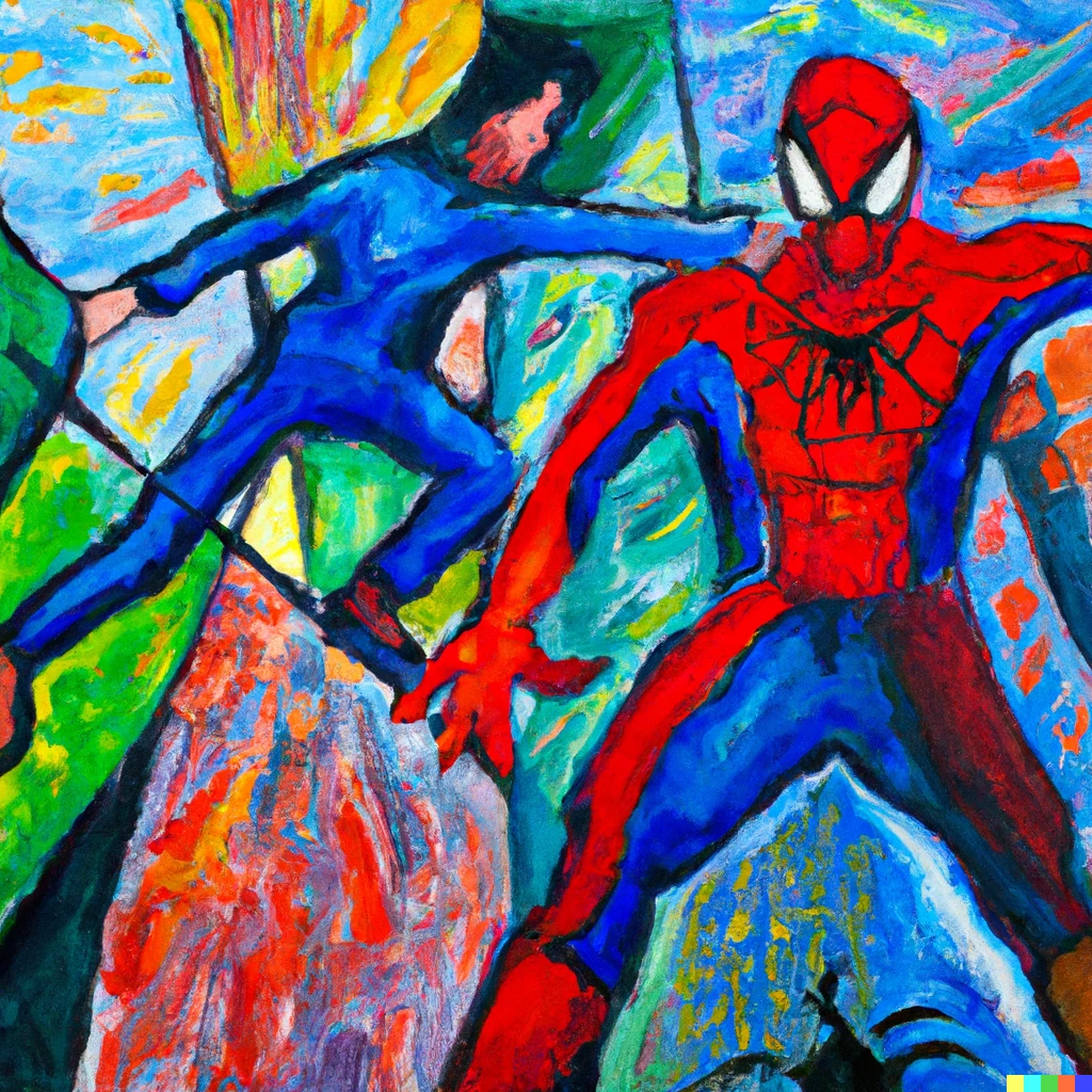 Prompt: Oil painting in the style of Mark Chagall of Superman and Spider-Man