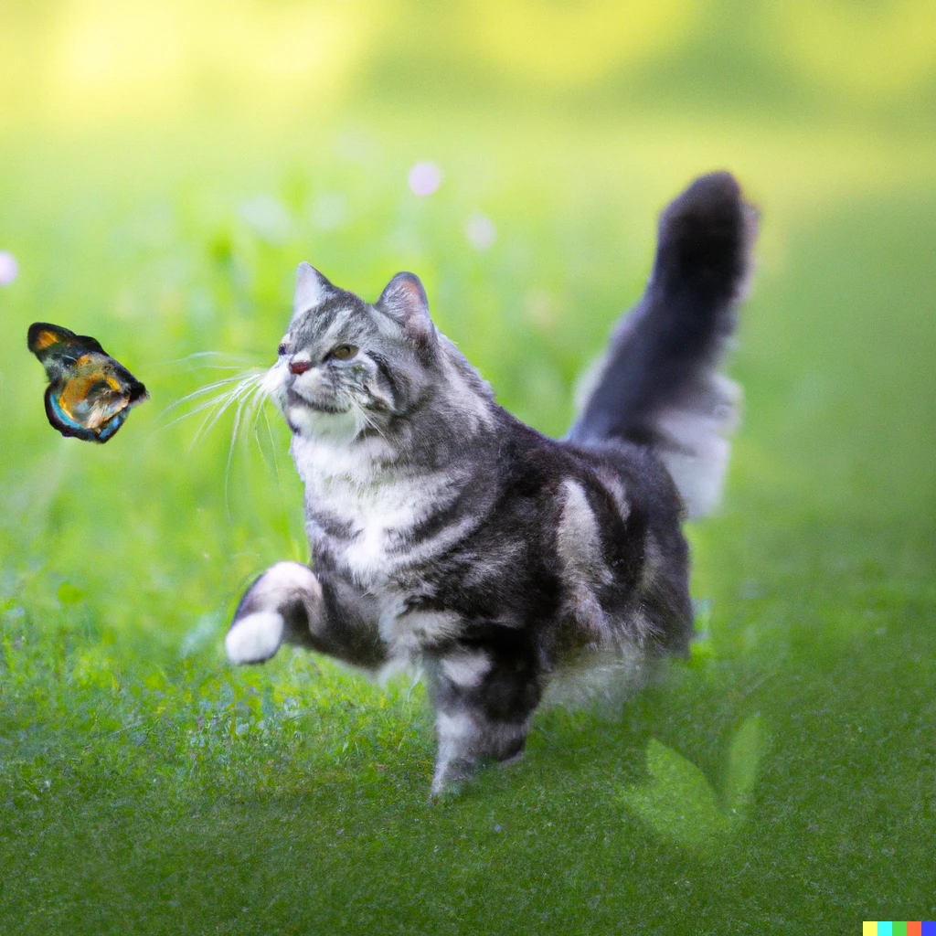 Prompt: A cute American shorthair cat with long hairs running on a vast meadow trying to catch a butterfly 