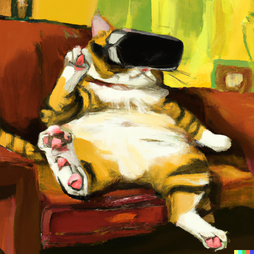 Prompt: A fat cat playing VR on a couch, digital art