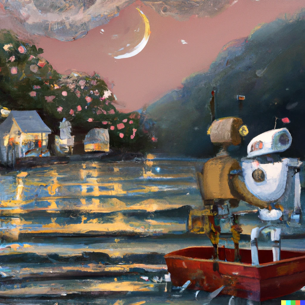 Prompt: Two robots on a romantic boat ride, digital art