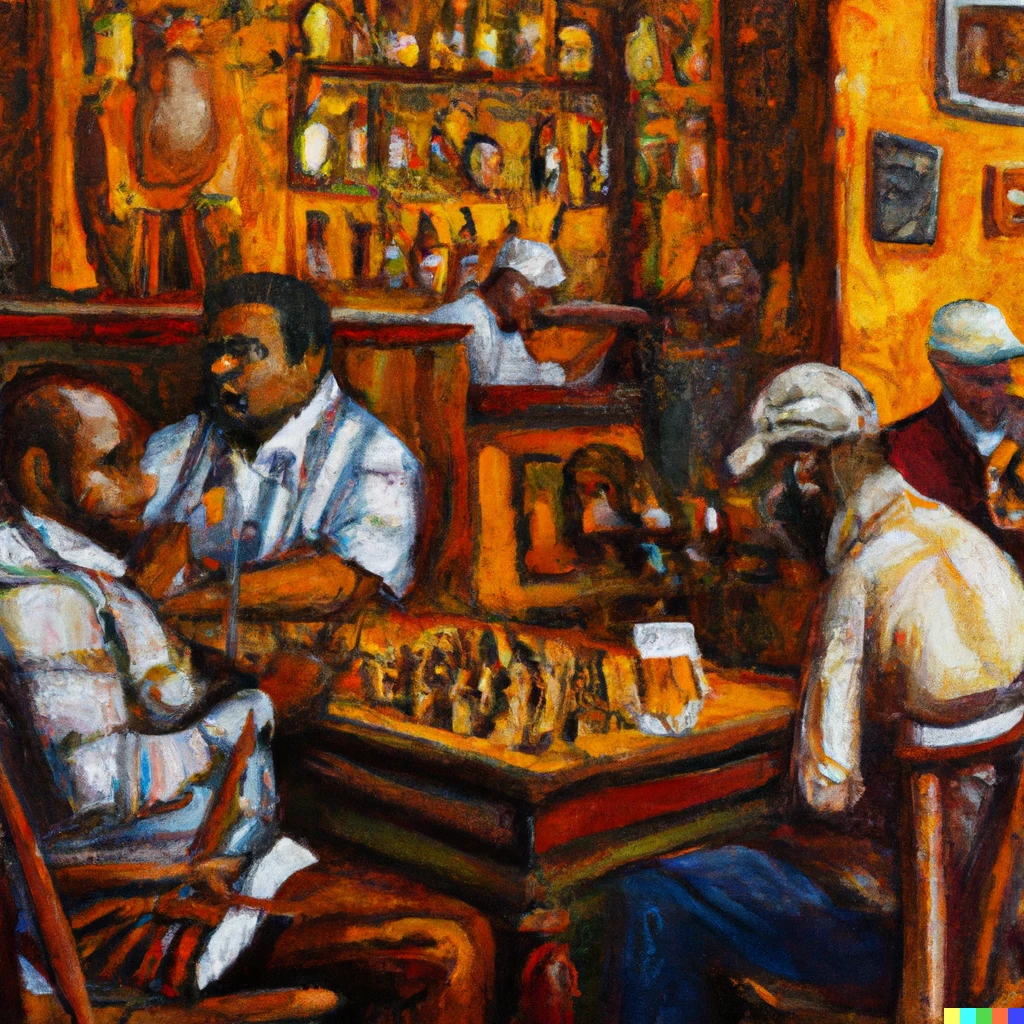 Prompt: A pub with people drinking beer. The walls are filled with paintings. At one table two men are playing chess. Detailed Oil painting.