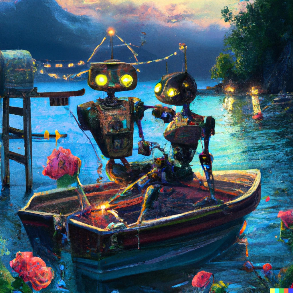 Prompt: Two robots on a romantic boat ride, digital art