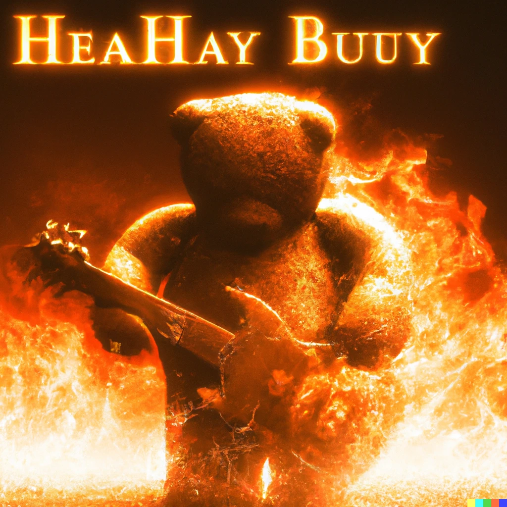 Prompt: A burning teddy bear, 80s heavy metal album cover