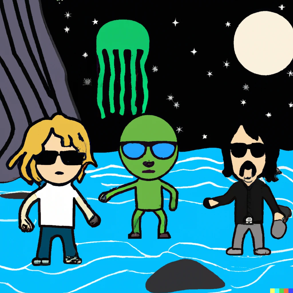 Prompt: The rock band, Foo Fighters, chilling at the beach with Aliens.