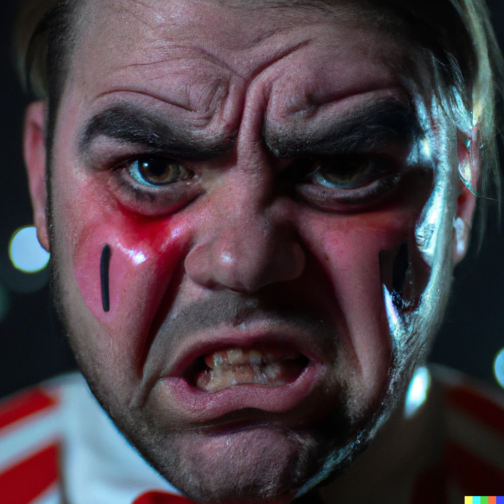 Prompt: A close up Studio portrait of a sad, crying clown in the style of Joey-L, dramatic lighting, Graflex, Dark background, bokeh, no facial hair, crosses for eyes