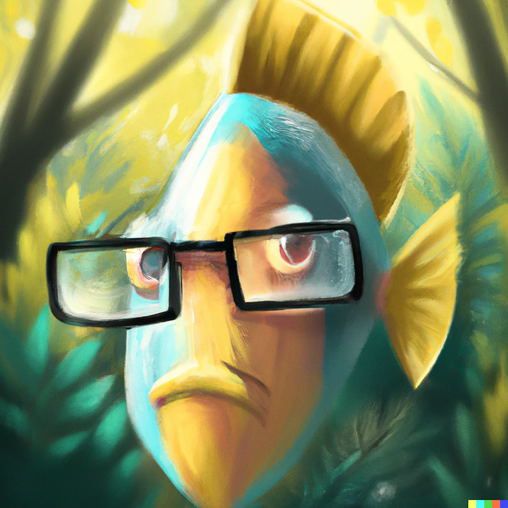 Prompt: a fish with glasses at forest, digital art