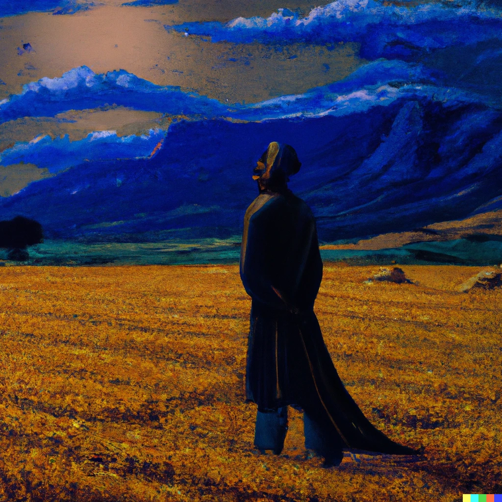 Prompt: An anatolian man standing in front of field of wheat, looking at the mountains, under moonlight, oil painting