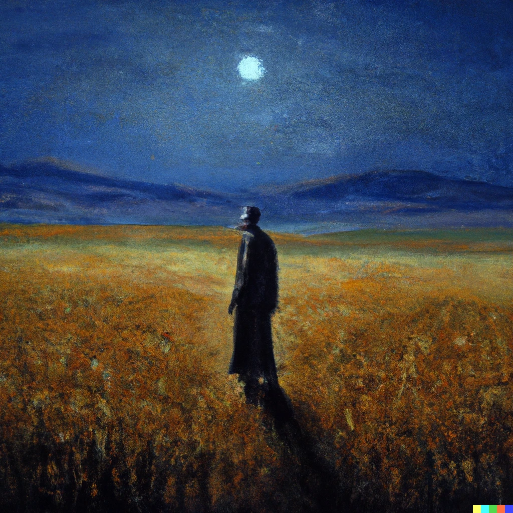 Prompt: An anatolian man standing in front of field of wheat, looking at the mountains, under moonlight, oil painting