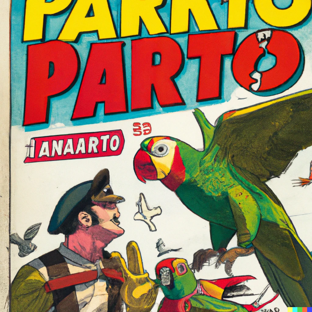 Prompt: Cover of Marvel comic book about parrots fighting Germans during World War 2