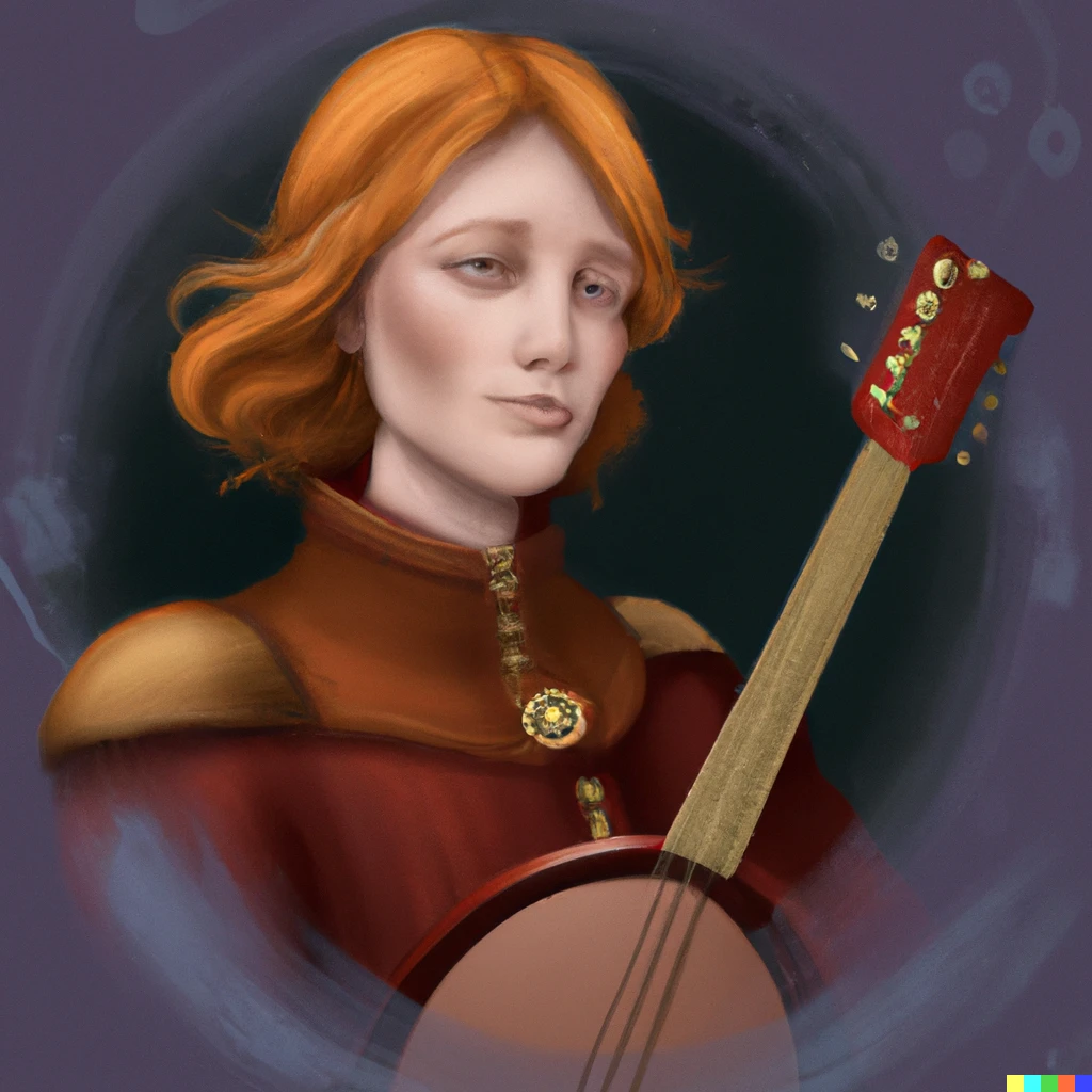Prompt: Portrait of kvothe from kingkiller chronicles Red hair with lute