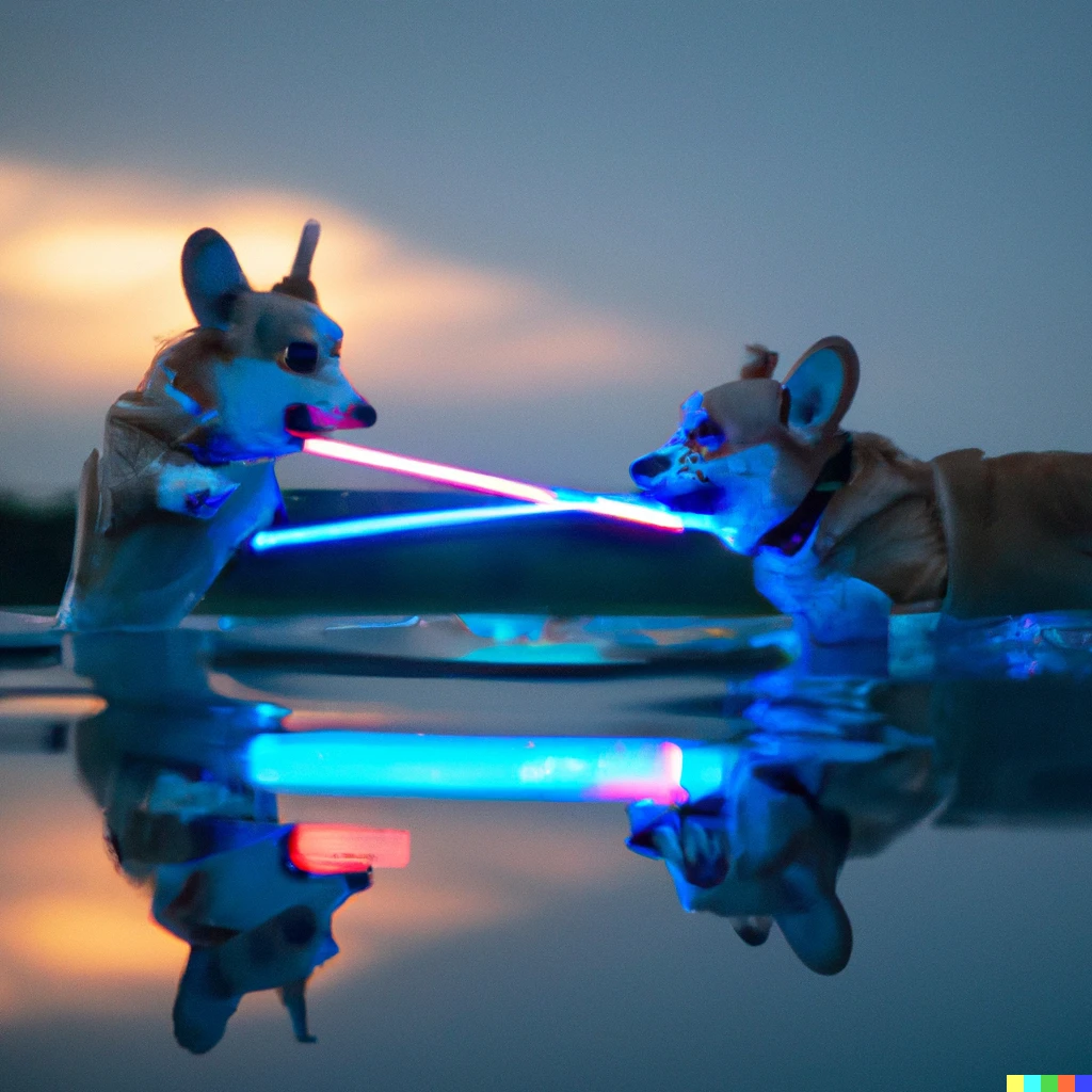 Prompt: Two corgis battling on an infinity pool with red and blue light sabers 