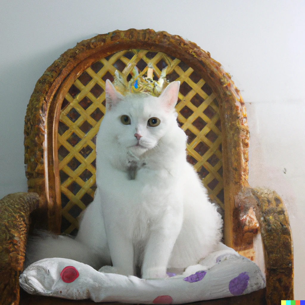 Prompt: A photograph of a white cat with yellow eyes sitting on a throne like a princess 