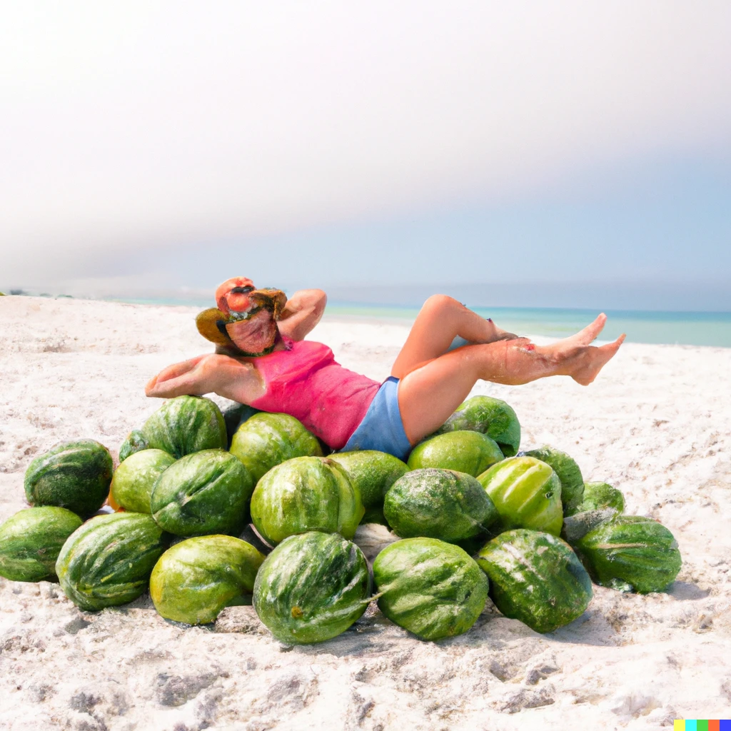 Prompt: a beautiful woman lounging on a pile of watermelons at the beach