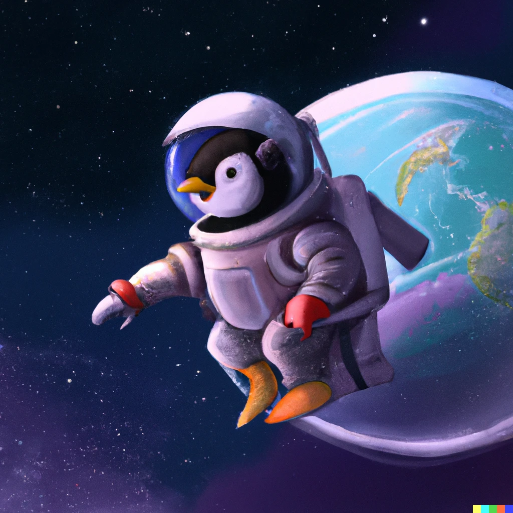 Prompt: a penguin in a space suit floating in outer space with the earth in the distance behind it, digital art