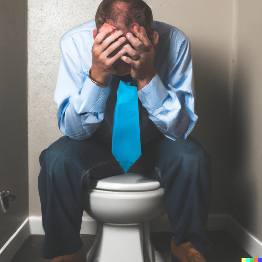 Prompt: middle-aged guy wearing a blue button down shirt and a tie sitting on a toilet with his head in his hands and he is filled with regret