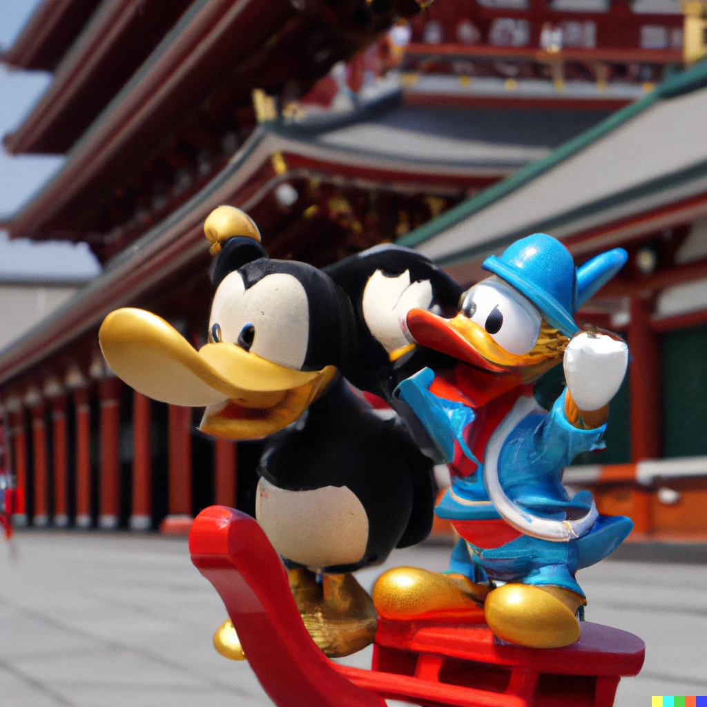 Prompt: Mickey Mouse and Donald Duck are riding kickboards and sightseeing in Asakusa Kaminarimon