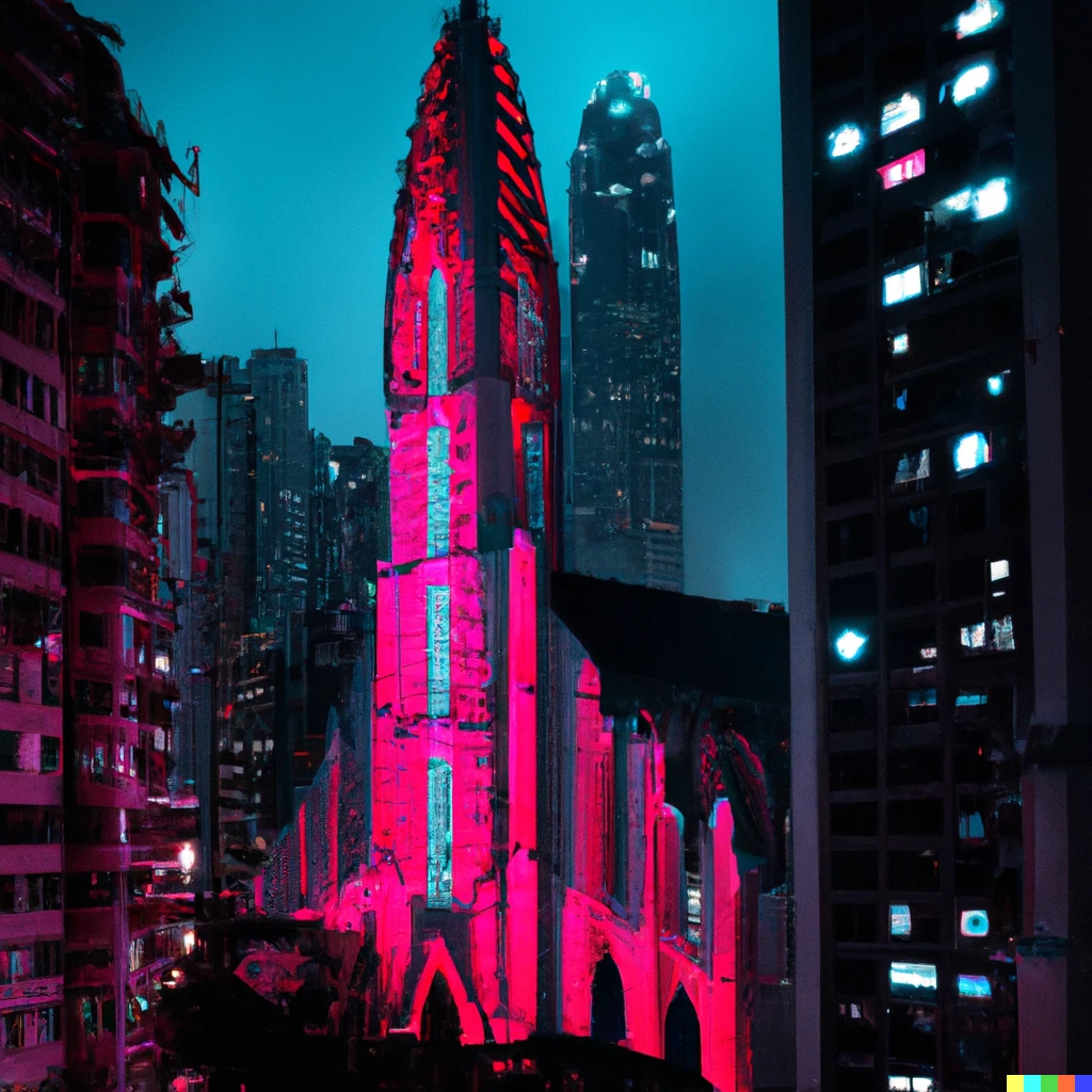 Prompt: Hallgrímskirkja in the middle of Hong Kong neon lights, cinematic, blade runner