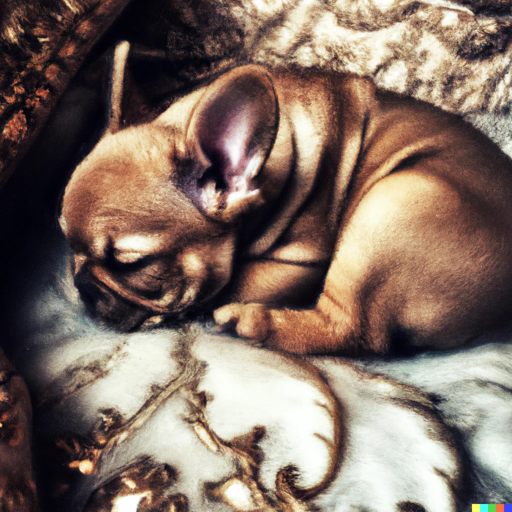 Prompt:  "portrait of a fawn french bulldog puppy sleeping in a victorian bed" by michelangelo