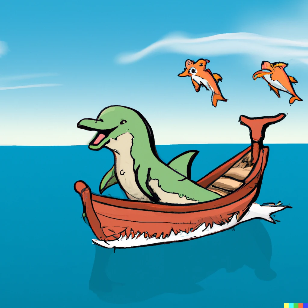 Prompt: Happy Dinasaur riding a boat in a calm sea with blue sky and some dolphins