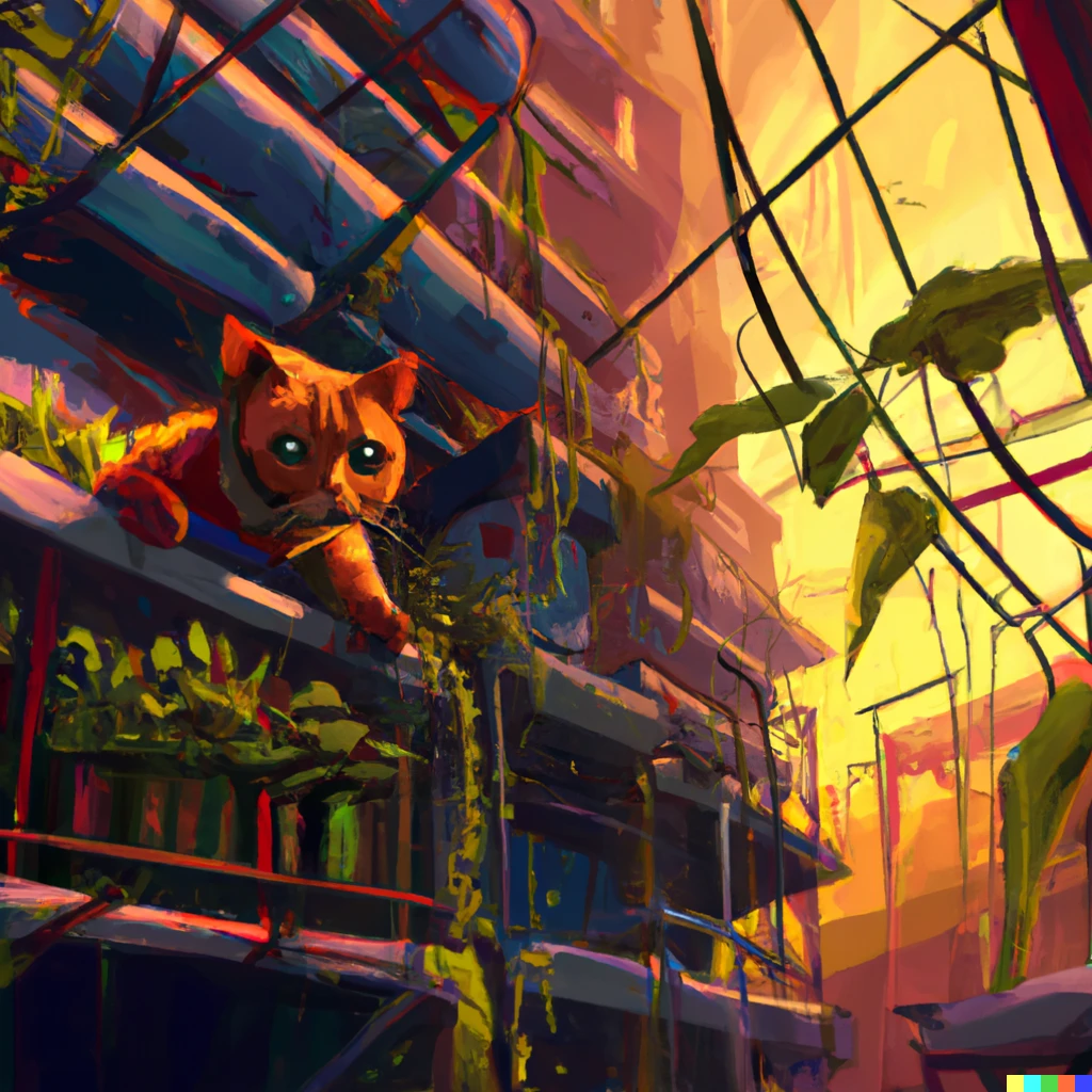 Prompt: An orange cat exploring a futuristic post apocalyptic cyberpunk city with vine wrapped buildings, long shadows, beams of sunlight, digital art, Trending on Artstation