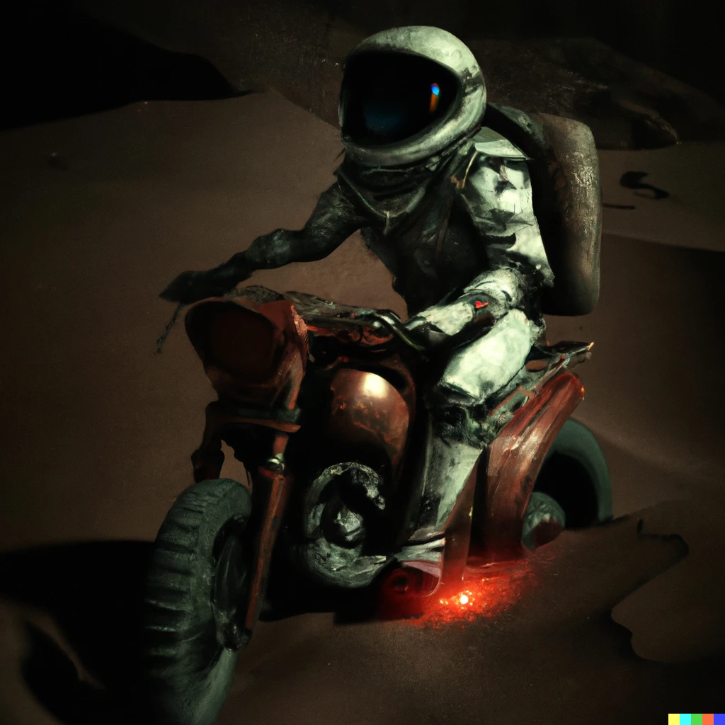 Prompt: High quality artwork of a cowboy astronaut riding a futuristic motorbike on Mars