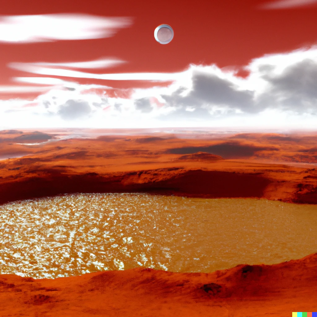 Prompt: Infinity pool on mars with clouds and water lakes