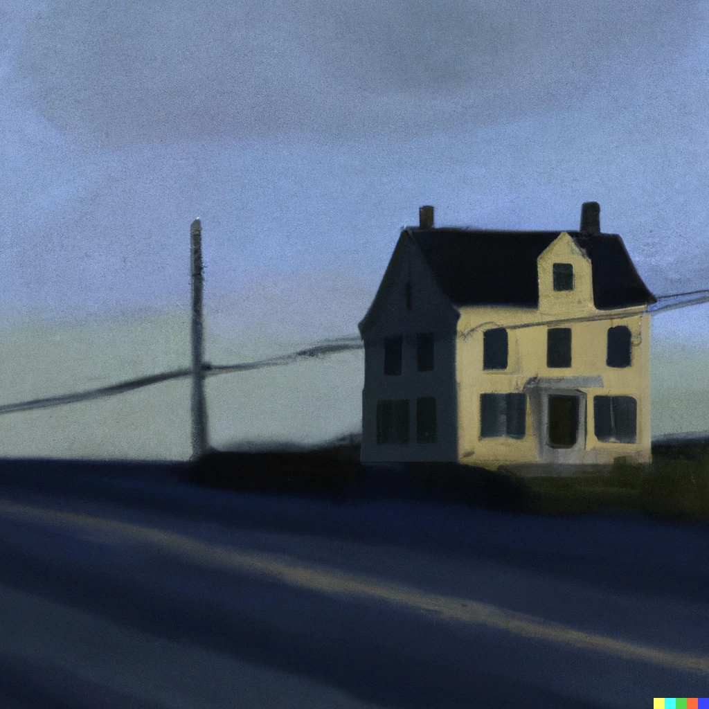 Prompt: An Edward hopper style oil painting of a lonely house on a dark road