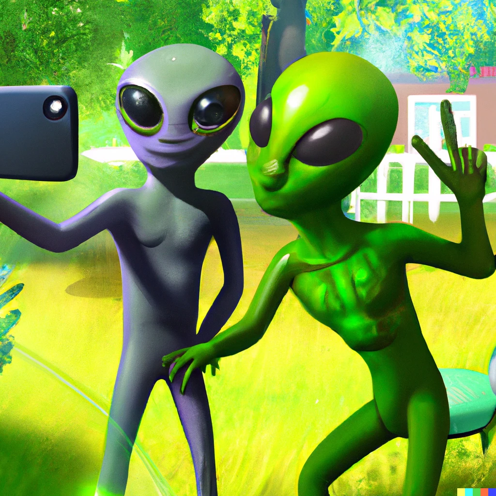 Prompt: a friendly alien taking a selfie of himself and his buddy after landing on the lawn of a house, digital art