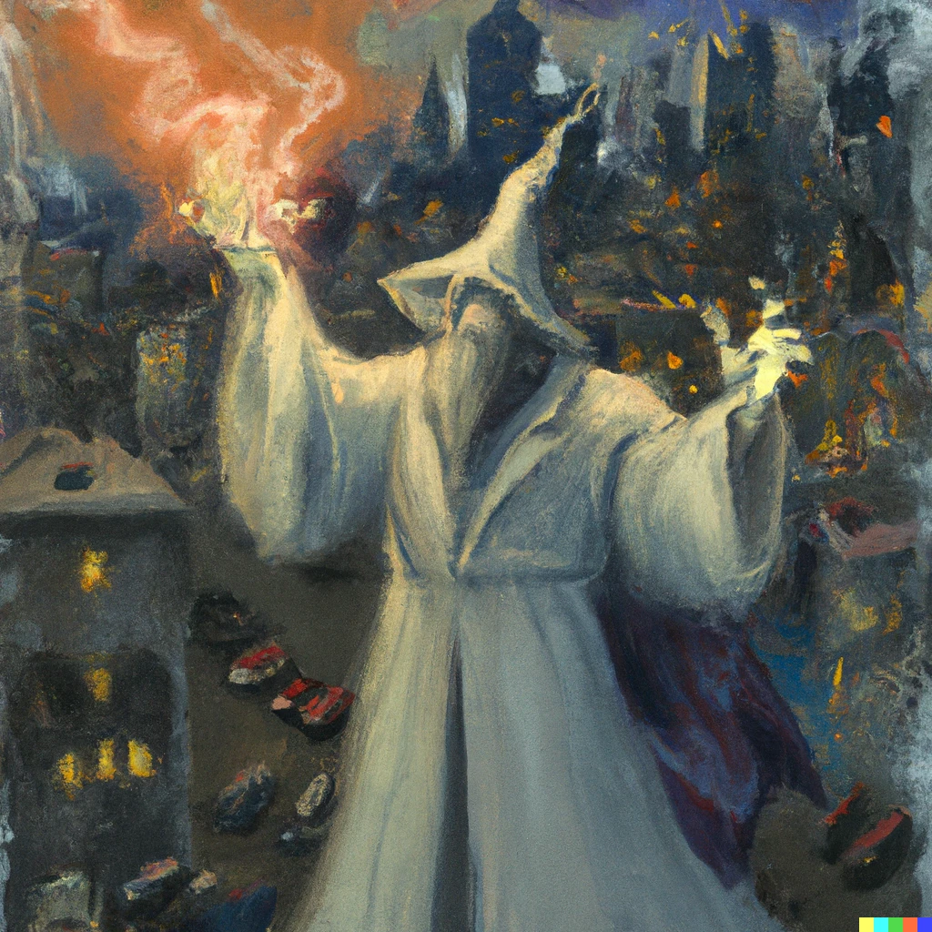 Prompt: a painting of a white wizard casting a spell in the middle of a busy city while a cataclysm is happening around him
