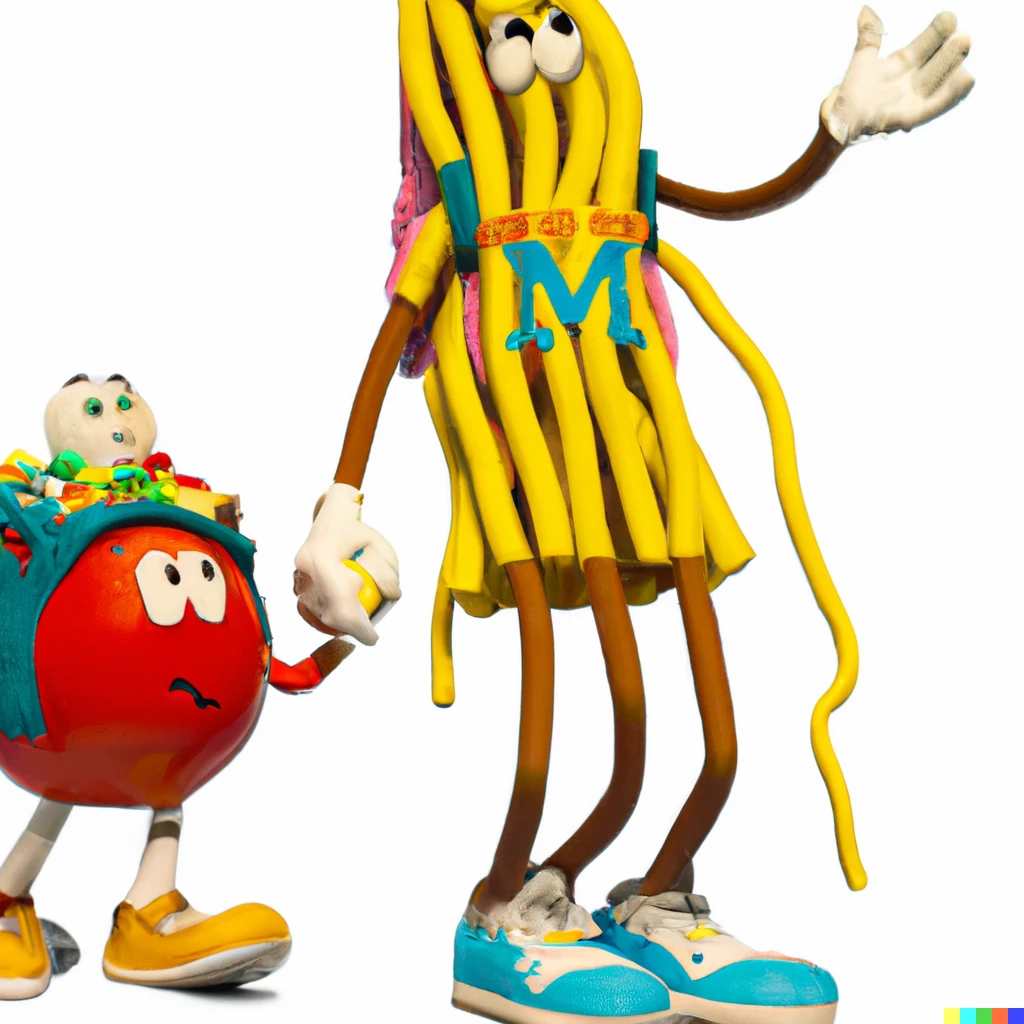 Prompt: photorealistic an m&m candy walking into the first day of school with his mom who is made of spaghetti life size