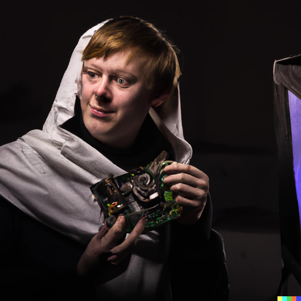 Prompt: portrait of a medieval gamer holding a GPU while building a Gaming PC