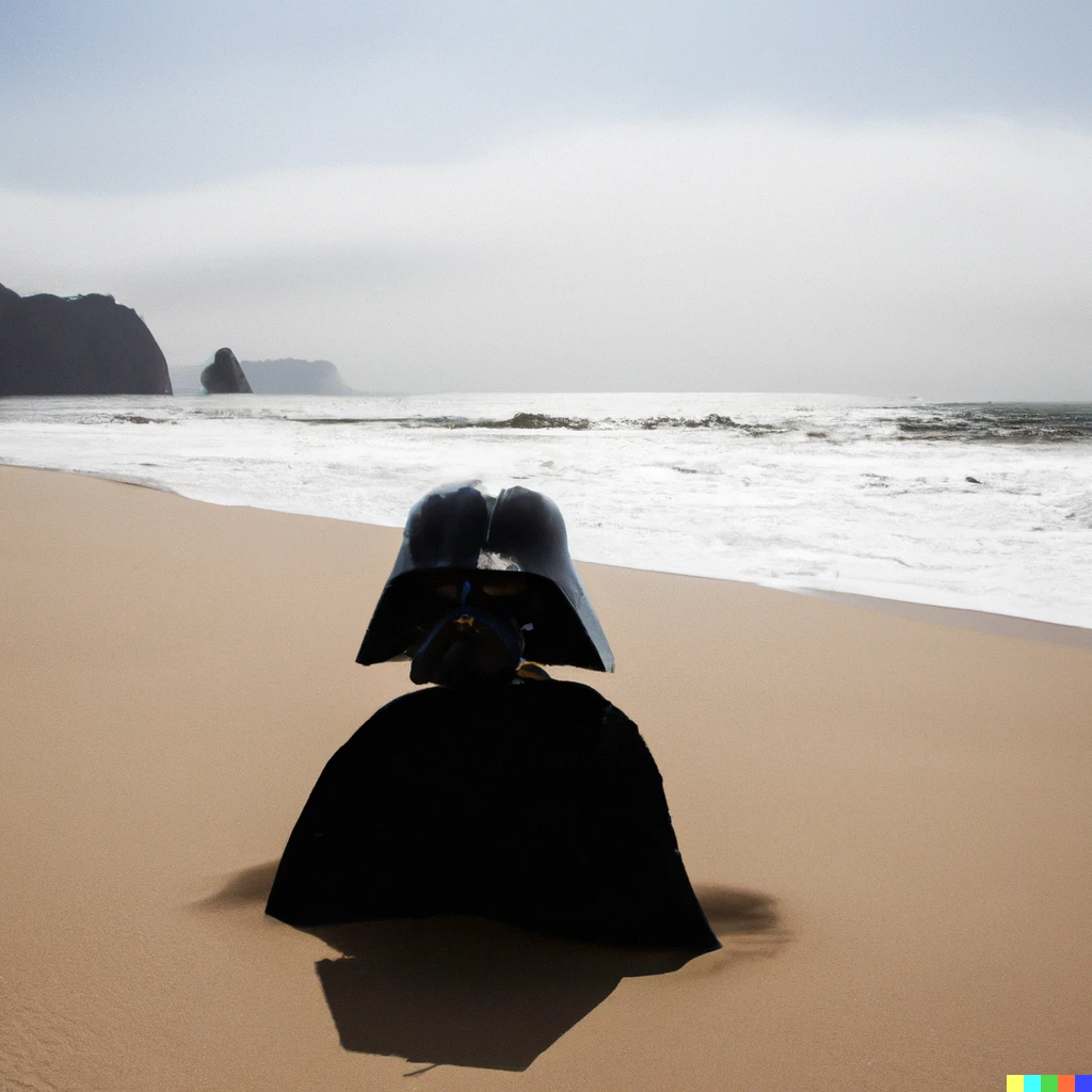 Prompt: Darth Vader on a Portuguese beach