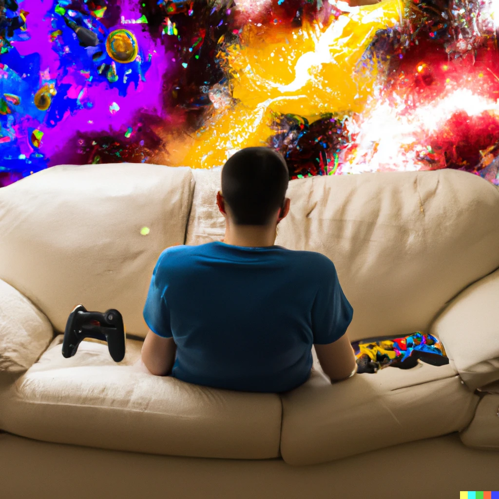 Prompt: A realistic photo of a man playing console games while sitting on the couch in front of the TV. The TV is in the middle of a nebula of colors with classic arcade characters floating out of it.