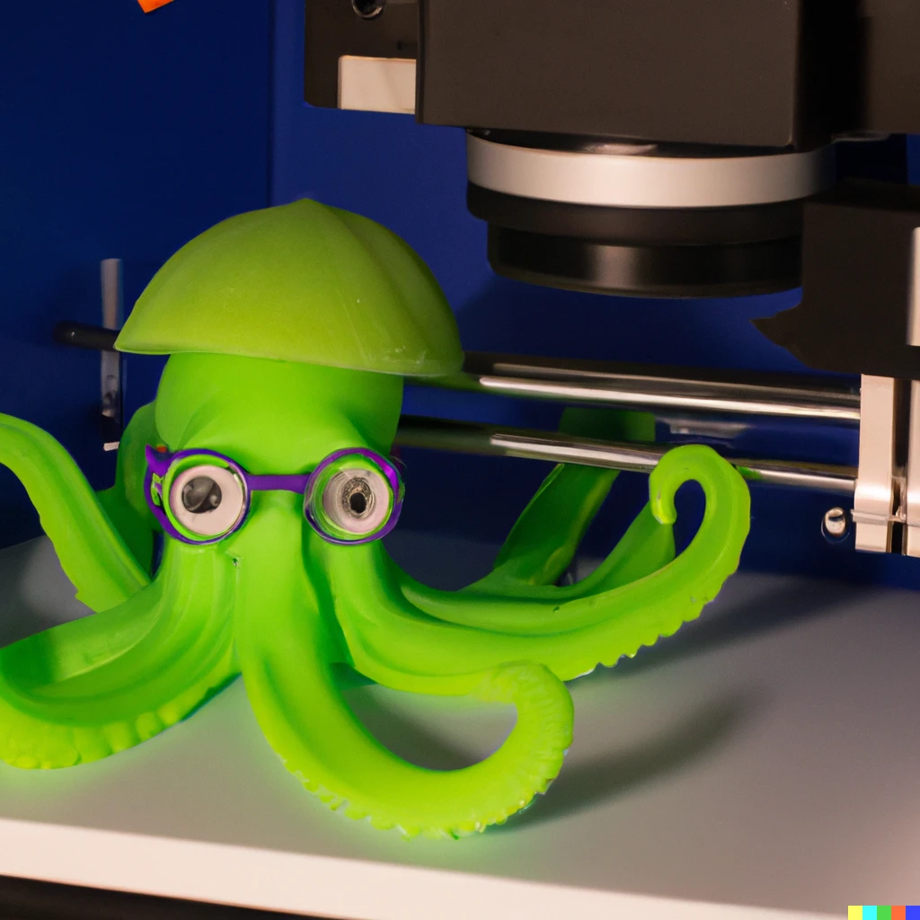 Prompt: a green octopus dressed as an engineer looking at a 3d printer