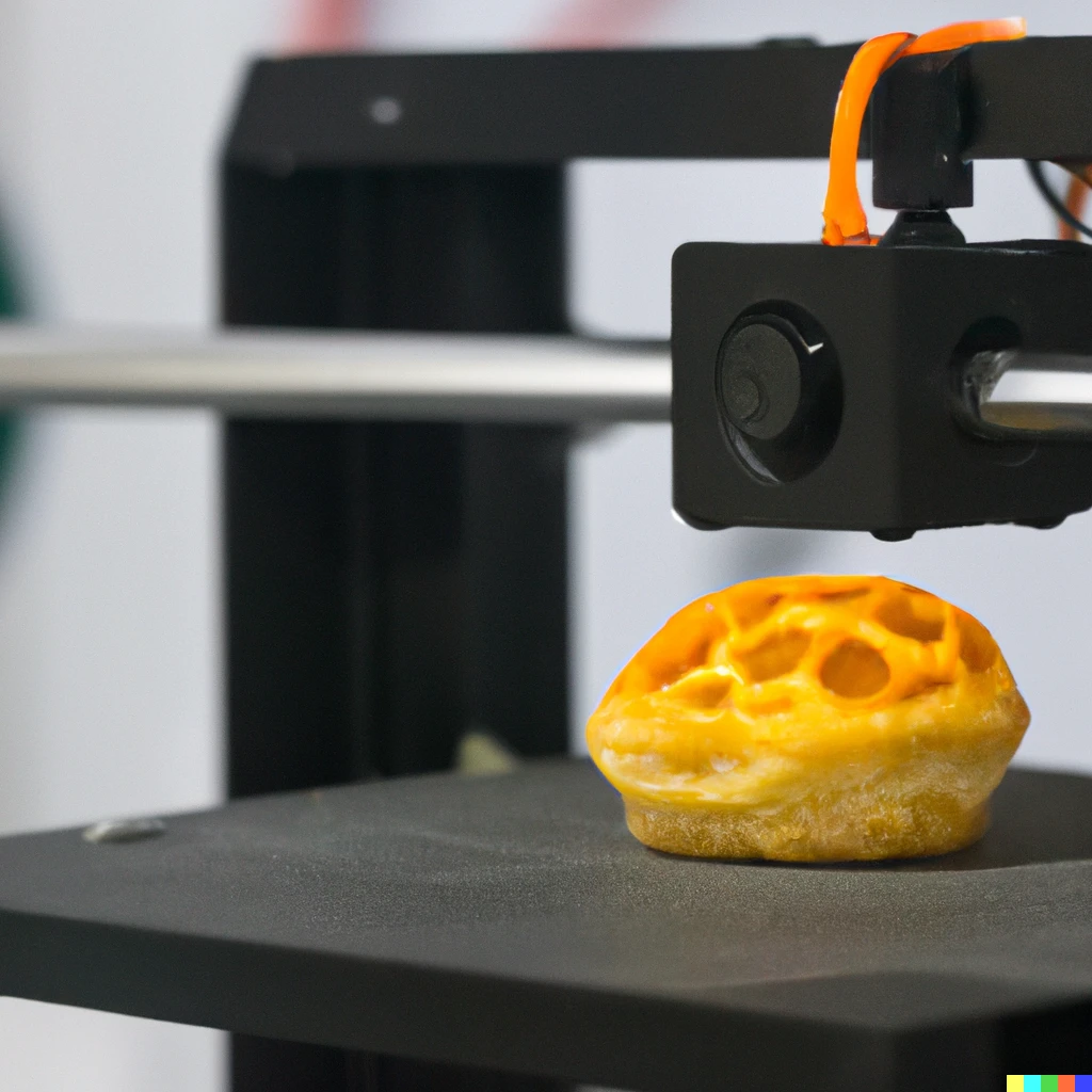 Prompt: a close up of a 3D printer printing a Portuguese pastel de nata