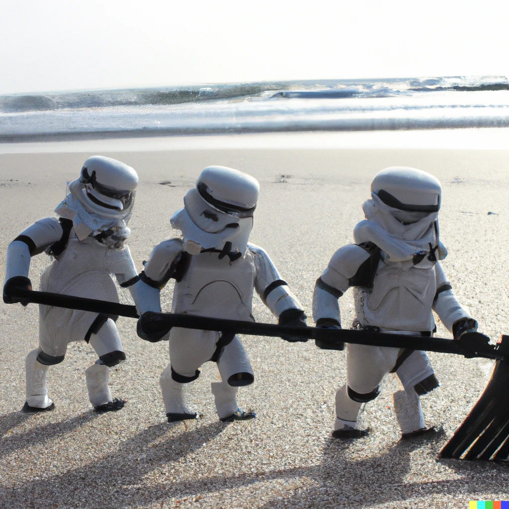 Prompt: imperial stormtroopers combing the beach with a giant comb
