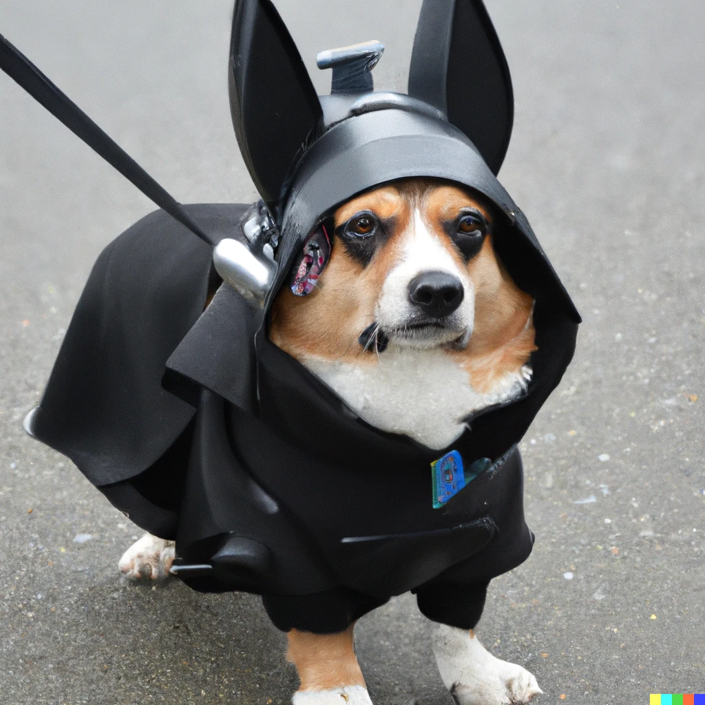 Prompt: high quality photo of a corgi dressed as Darth Vader