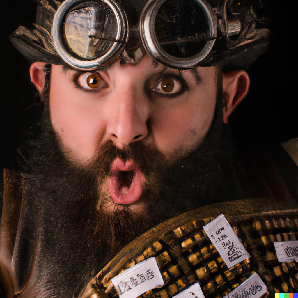 Prompt: Photograph of a bearded man dressed as a SQL Fairy, steampunk style